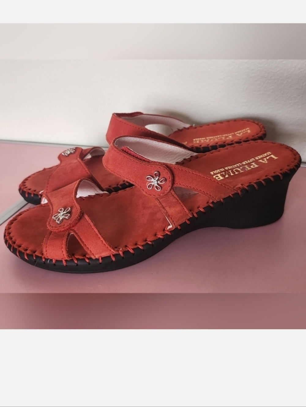 La Plume Charese Double Straps Red Nubuck Leather Sandals Made in Italy Size 38